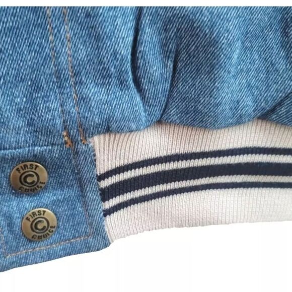 First Choice VTG 1990s Men's Premium Denim Varsity Bomber Jean Jacket Blue NWT - Picture 7 of 16